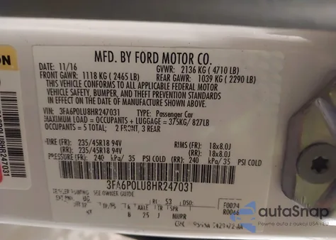 2017 Ford Fusion Hybrid Se из США, поврежденный, VIN 3FA6P0LU8HR247031